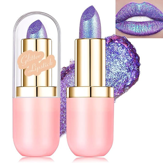 Purple Metallic Lipstick, Holographic Glitter Lip Stick for Women Makeup Long Lasting Lightweight Non-Sticky Hydrating Lip Tinted Full Coverage High-Shine Sparkling Shimmer Chameleon Lipstick