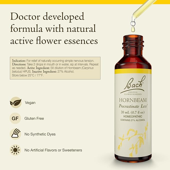 Bach Original Flower Remedies, Hornbeam - Procrastinate Less - Natural Homeopathic Flower Essence for Emotional Balance - Vegan, Gluten Free, Sugar Free - 20mL Dropper