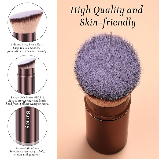Makeup Brush Kabuki Face Brushes Retractable Travel Blush Kabuki Brush Portable Flawless for Foundation, Powder Blush, Bronzer, Buffing, Liquid, Cream, Cruelty Free with Cover(Brown)