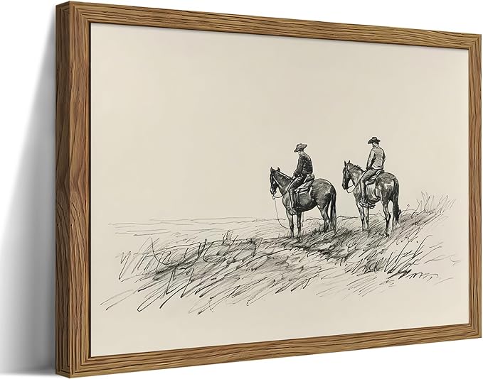 Framed Western Wall Art, Cowboys on Horses Sketch Picture Print, Western Wall Decor, Vintage Country Farmhouse Western Cowboys Canvas for Living Room Bedroom Home 12x16 inch