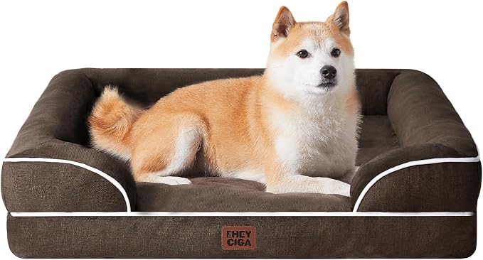 EHEYCIGA Orthopedic Dog Beds Large Sized Dog, Waterproof Washable Pet Bed | Non-Slip Bottom and Egg-Crate Memory Foam Dog Couch Bed with Washable Removable Cover, Brown