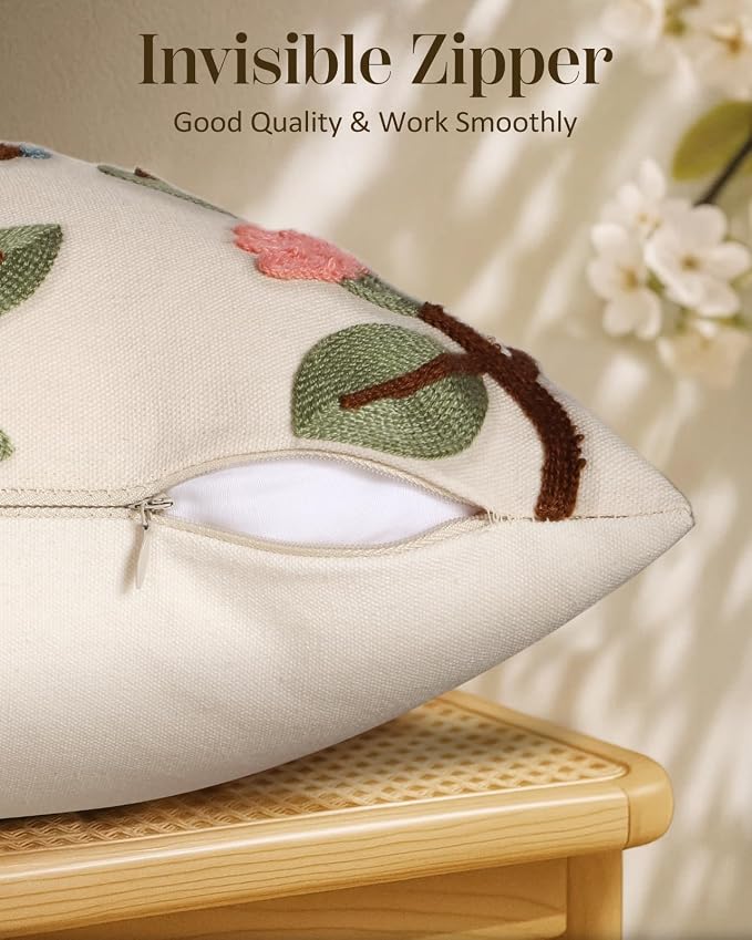 Embroidered Lumbar Pillow Cover 20x12 Inch, Bird Lemon | Decorative Throw Pillow Cover, Farmhouse Cushion Case with Hidden Zipper, Cottagecore Decor for Couch, Sofa, Living Room