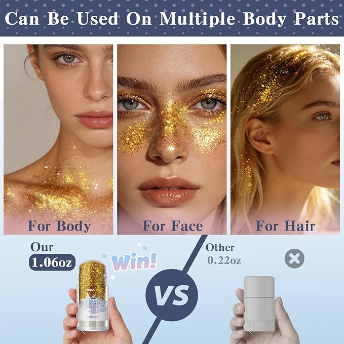Gold Body Glitter Stick, Holographic Fairy Costume Makeup Face Hair Glitter Stick Rave Outfits for Women, Shimmer Face Paint Singer Concert Festival Party Accessories, 1.06 OZ
