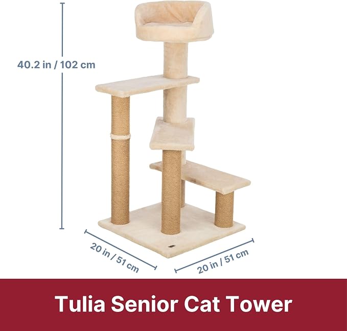 TRIXIE Tulia Senior Cat Tower – Cat Tree with Jute Wrapped Posts, Step-Style Platforms & Padded Top Bed – Comfortable Cat Furniture for Senior Indoor Cats – Beige, 20.1" x 20.1" x 40.2"