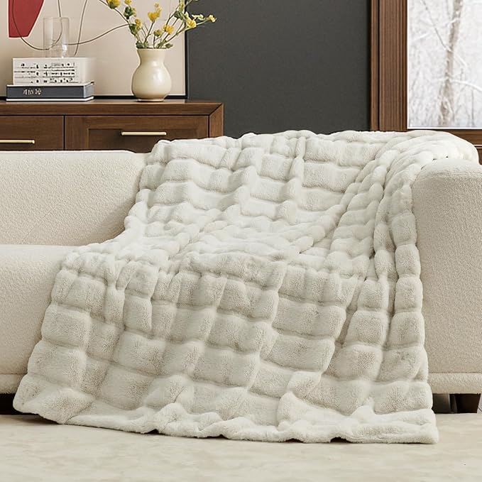 Cozy Bliss Deluxe Sheared Rabbit Faux Fur Throw Blanket, Soft Fuzzy High-Low Sculpted Plush Blanket for Couch, Cozy Home Accent, All Season Use, Beige 50"x60"