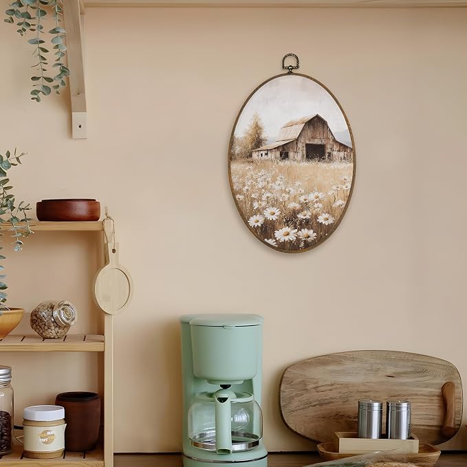LKETW Farmhouse Country Wildflower Oval Wall Art Decor, Vintage Rustic Nature Daisy Floral Oval Canvas Hanging Decor, Retro Landscape Wall Decorations for Home Bedroom Living Room, 8.6x11.4 Inch