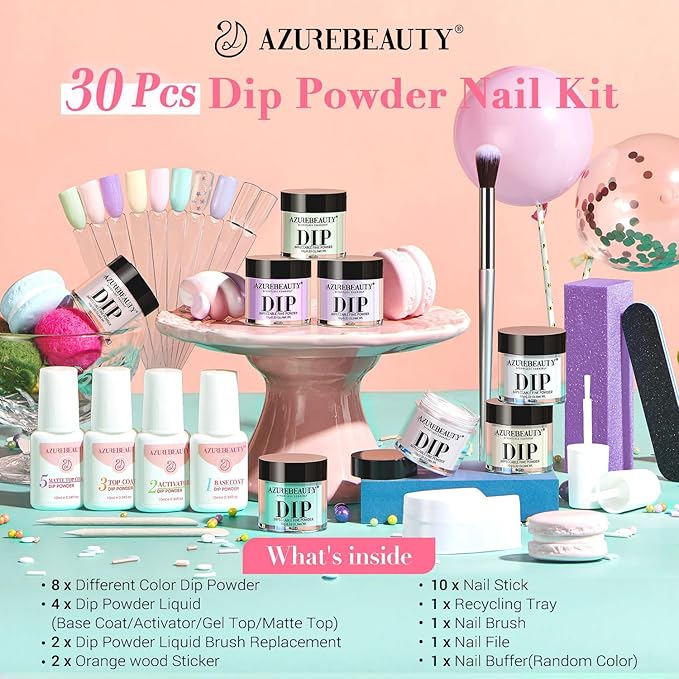 AZUREBEAUTY 30Pcs Dip Powder Nail Kit Starter, Pink Pastel Blue Green Glitter 8 Colors Summer Macarons Dipping Powder Liquid Set with Base/ Matte Top Coat/ Activator/Nail Sticks Easter Gift