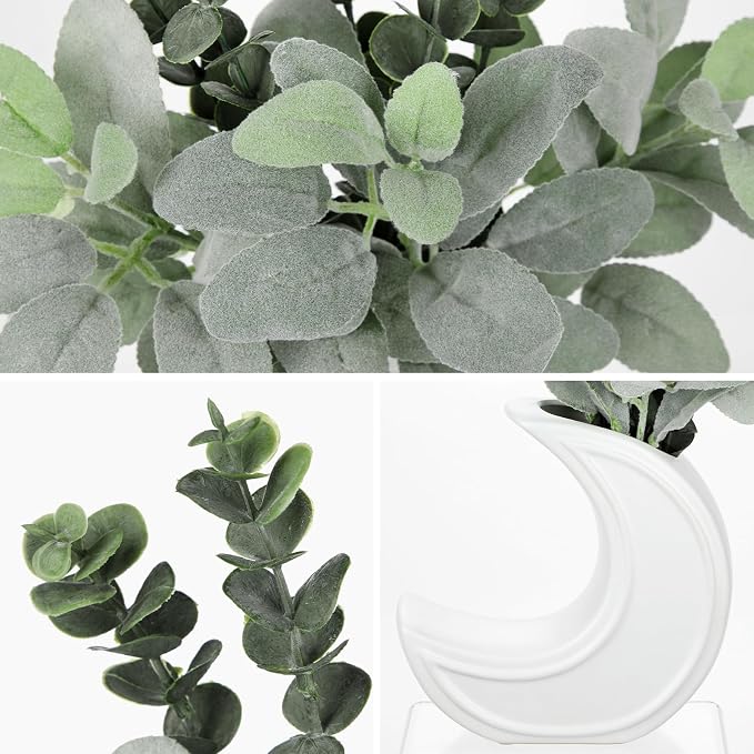 Fake Eucalyptus Plant in Crescent Moon Vase, 17" Faux Greenery Potted Plant, Rustic Moon-Shaped Ceramic Planter with Artificial Eucalyptus Leaves for Table Centerpiece Shelf Office Farmhouse Decor