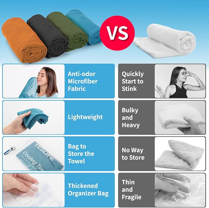 YESLIFE 4 Pack Cooling Towels (40"x12"), Gym Sweat Towels, Cooling Neck Wraps, Soft Breathable Microfiber Towels for Yoga, Running, Sport, Workout, Camping & More (Multicolor)
