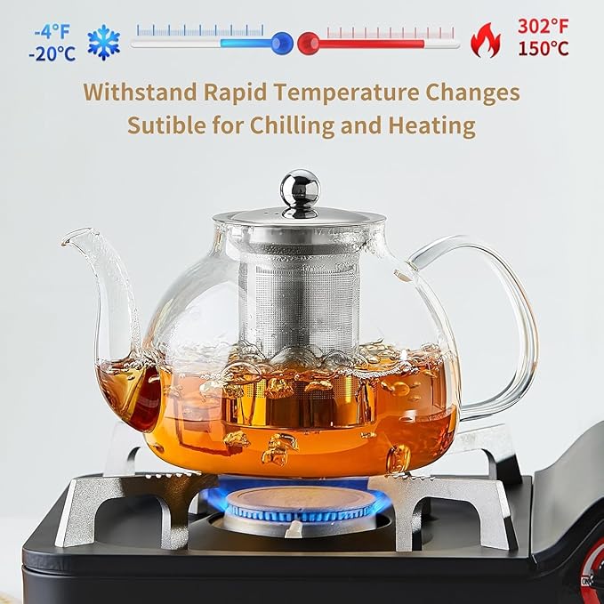 DOPUDO 39OZ (1150ML) Glass Teapot with Infuser Stovetop Safe, Clear Glass Tea Pot Kettle, Borosilicate Tea Pot with Infusers Filter for Loose Tea, Tea Kettle Dishwasher Safe
