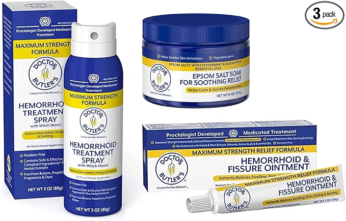 Doctor Butler's Hemorrhoid Treatment Bundle - Includes Hemorrhoid & Fissure Ointment with 4% Lidocaine, Hemorrhoid Spray with Witch Hazel, and Epsom Bath Salts to Help Reduce Irritation