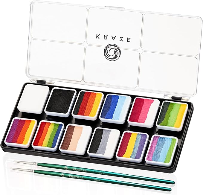 Kraze FX Splash 12 Color Split Cake Palette (6 gm) with 2 Brushes - Water Activated, Hypoallergenic, Safe, Non-Toxic Face Painting Kit for Sensitive Skin, Kids & Adults