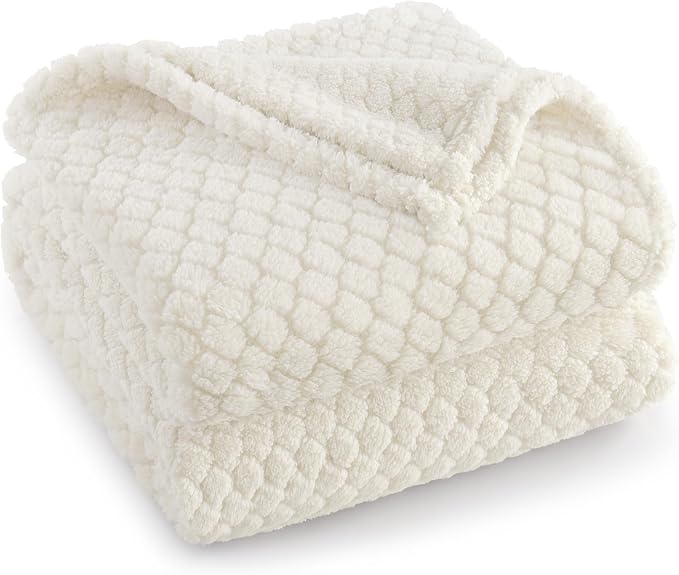 Exclusivo Mezcla Soft Fleece Throw Blanket for Couch, Ivory | Jacquard Lightweight Cozy Throws for Bed, Sofa, Breathable Decorative Fuzzy Textured All Season Use, 50x60 Inches