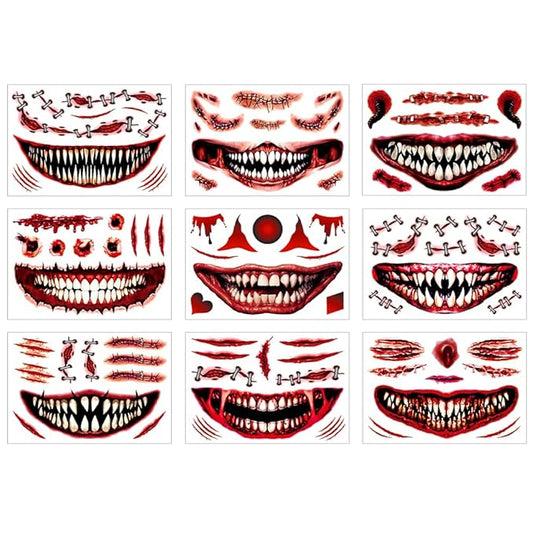 9 Sheets Halloween Tattoos - Halloween Temporary Tattoos, Horrible scar Makeup Fake Face Stickers, Funny scar mouth Face Decals for Adults Women Girls Clown Makeup Kit Party