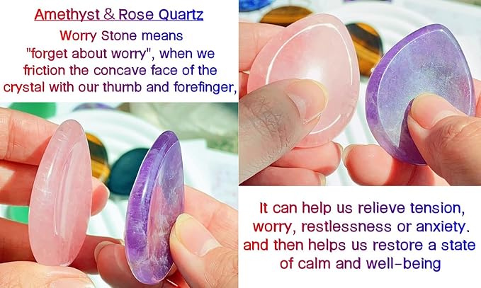 QINJIEJIE 2PCS Thumb Worry Stone for Anxiety Rose Quartz Amethyst Healing Crystals Sets Hand Carved Pocket Gemstones Meditation Crystal Reiki Palm Stone for Anxiety Relief Items