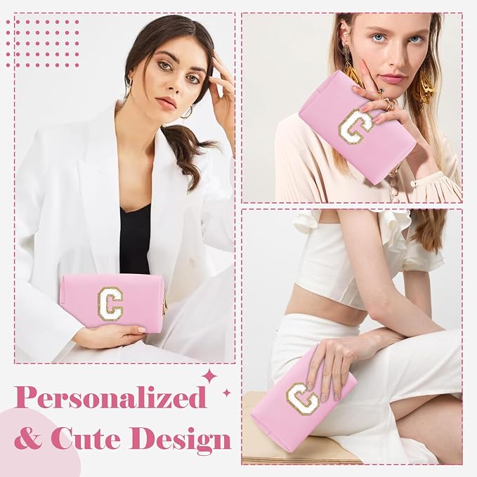 Personalized Initial A-Z Preppy Patch Makeup Bag,Small PU Chenille Letter Cosmetic Bag with Zipper for Teen Girls,Pink Cute Toiletry Organizer Bag,Monogram Makeup Case Gift for Women Girls,Letter C