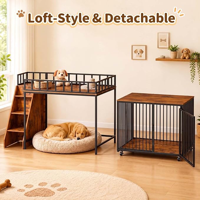 37" Dog Crate Furniture, Wooden Dog Kennel Indoor w/Storage(Rustic Brown) | Heavy Duty Pet Cage Indoor for Small & Medium Dogs, Dog Kennel with Storage Shelf, 4 Lockable Wheels and Stairs, Loft-Style