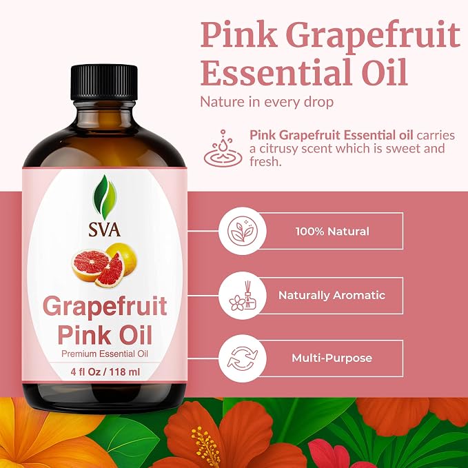 SVA Grapefruit Essential Oil Pink – 4 Fl Oz – for Diffuser, Skin & Hair Care – Ideal for Massage & DIY Blends- with Dropper