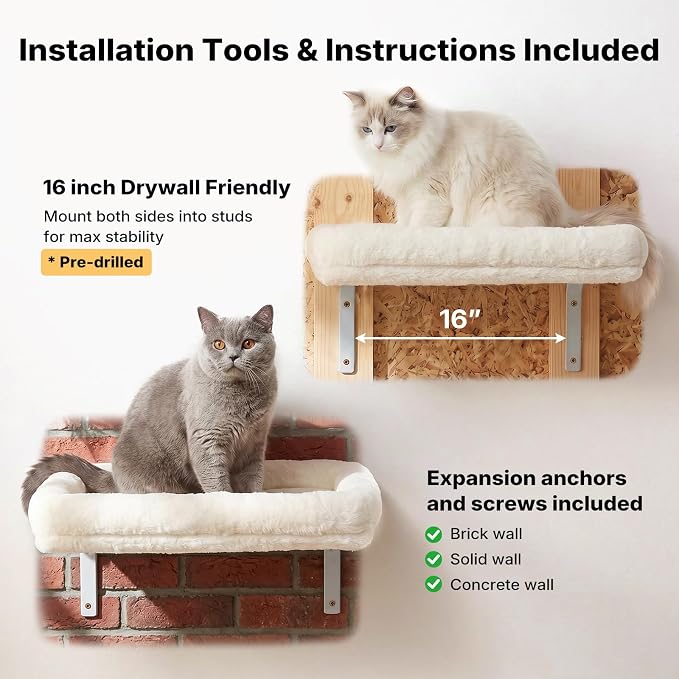 Veehoo Cat Wall Shelves for Large Cats, 2-Pack Cat Shelf for Climbing | 20.5"×15.7" Large Cat Wall Furniture with Soft Cushion Perch Bed, 40 lbs Support, Fits 16 Inch Drywall