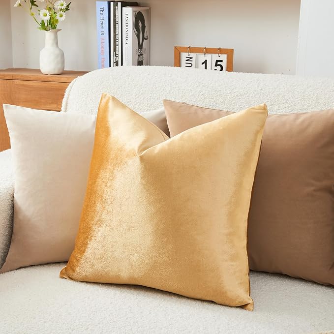 Throw Pillow Covers Gold Set of 2 22x22 Inch Pillow Covers, Soft Velvet Fall Decorative Cases for Couch Sofa Bed, Home Boho Decor, Modern Farmhouse Cushion Covers