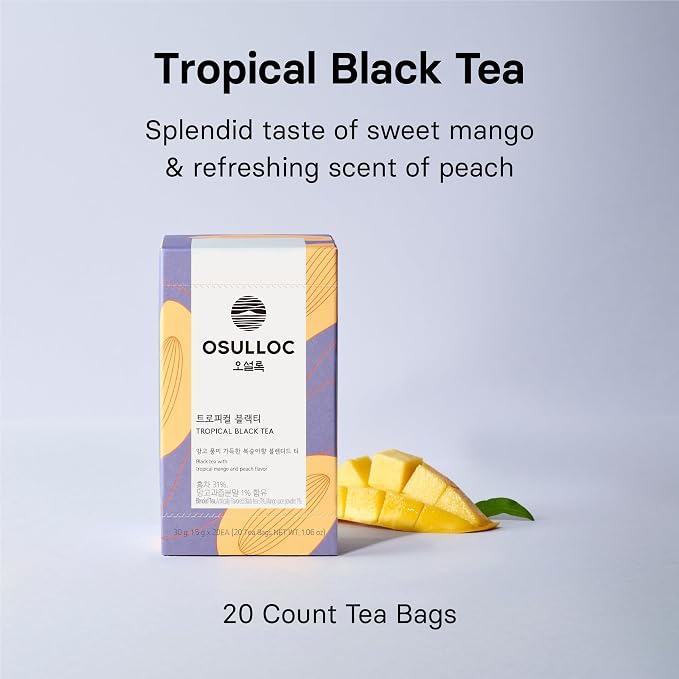 OSULLOC Peach Black Tea (Tropical Mango & Peach Flavor), Iced tea bags, Fruit tea Blend, Premium Teabags from Jeju Island, 20 count
