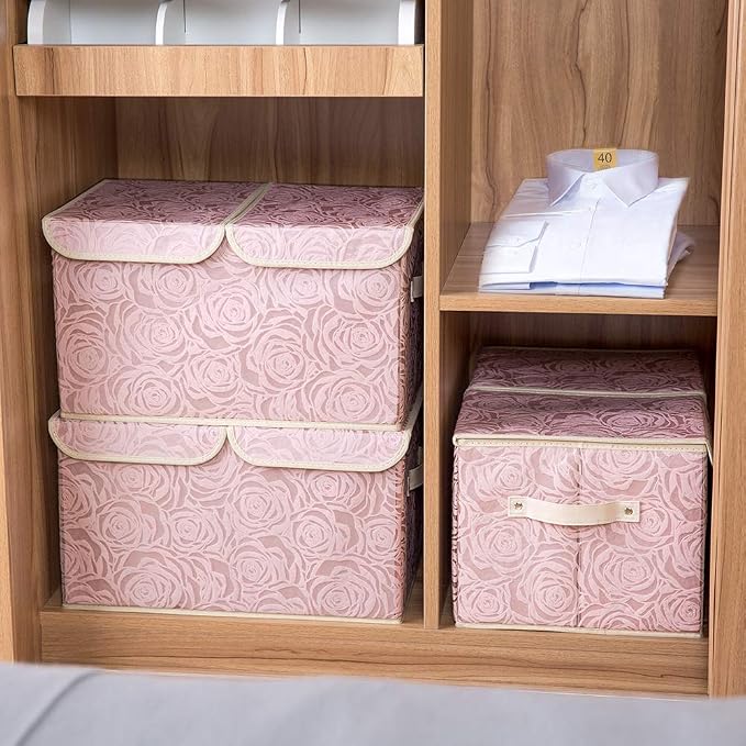Large Stackable Storage Bins with Lids Fabric Decorative Storage Box Cubes Organizer Containers Baskets with Cover Handles Divider for Bedroom Closet Living Room 17.3x11.8x9.8 Inch 3 Pack
