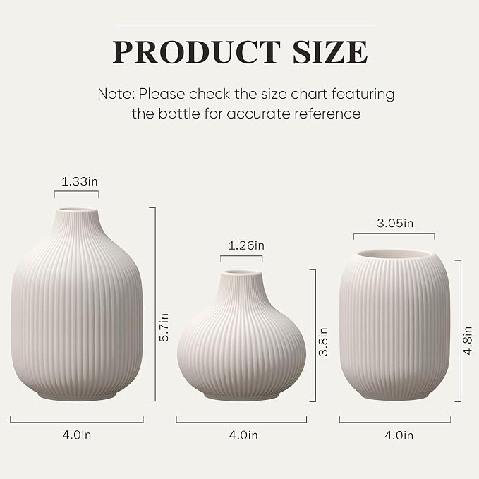 White Small Ceramic Vases Set of 3, Matte Vertical Ribbed, Minimalist for Pampas Dried & Fresh Flowers, Centerpiece for Living Room, Shelf, Entryway,Wedding,Office