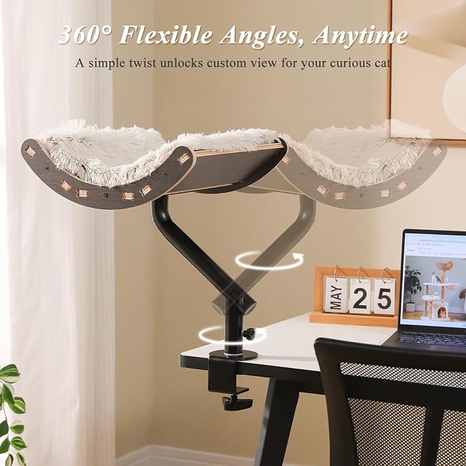 PEQULTI Desk Cat Bed, 360° Rotating Clamp-On Cat Hammock, Wood, Black | Clamps to desk edge (2.4", no drilling); holds 50 lbs; 360° rotating perch, 11.8" high; removable washable cushion