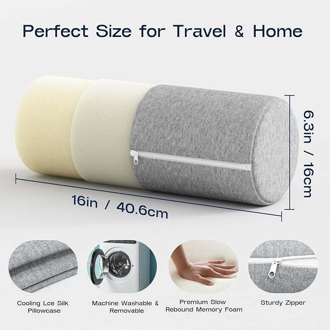 Neck Roll Cervical Pillow for Neck Pain Relief - Memory Foam Neck Pillow for Bed | Round Neck Pillows for Sleeping (Grey, Large - 6.0" H)