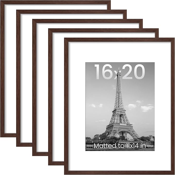 upsimples 16x20 Picture Frame, Gallery Wall Frames Set of 5, Brown | Poster Frame Collage Wall Decor, 11x14 Picture Frame with Mat for Family, Baby, Hallway, Christmas