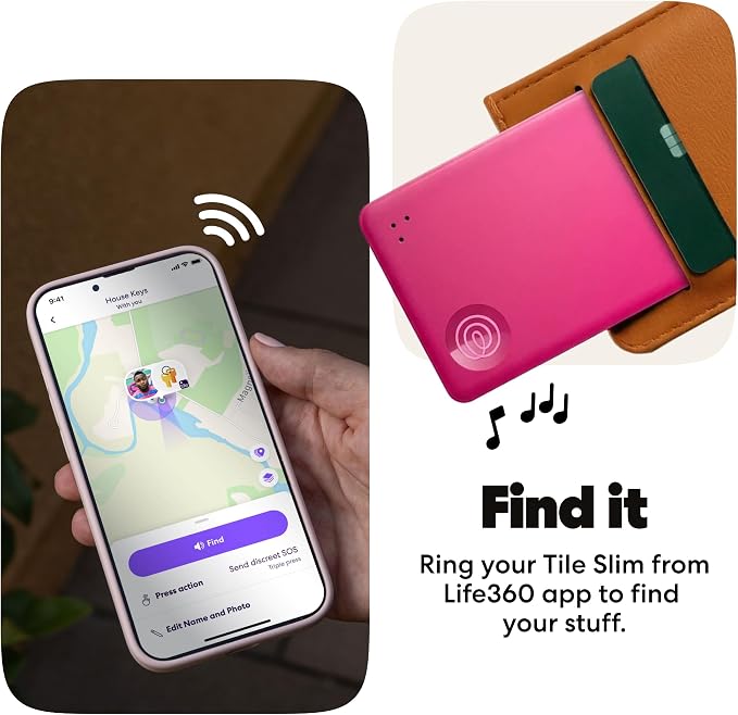 Life360 Tile Slim - Wallet Finder, Bluetooth Tracker and Item Locator for Luggage Tags, Passports and More. Both iOS and Android Compatible. Phone Finder. 1-Pack (Pink Punch)