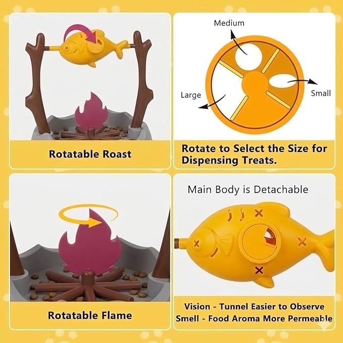 Cat Slow Feeder, Interactive Cat Puzzle Toy Treat Dispenser - BBQ Campfire Grill Design, Adjustable Rotating Fish Flame Mental Stimulation Food Dispensing Toy for Indoor Cats Kittens-Fat Fish
