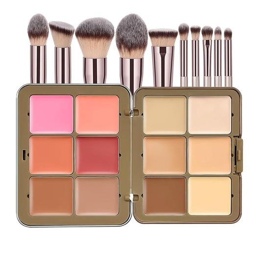 12 Colors Blush Palette, Colour Correcting Concealer Foundation Palette, 10 Makeup Brush Set, Highlighter Bronzer Contour Concealer Cream Matte Long Lasting Brightening Face Cosmetics