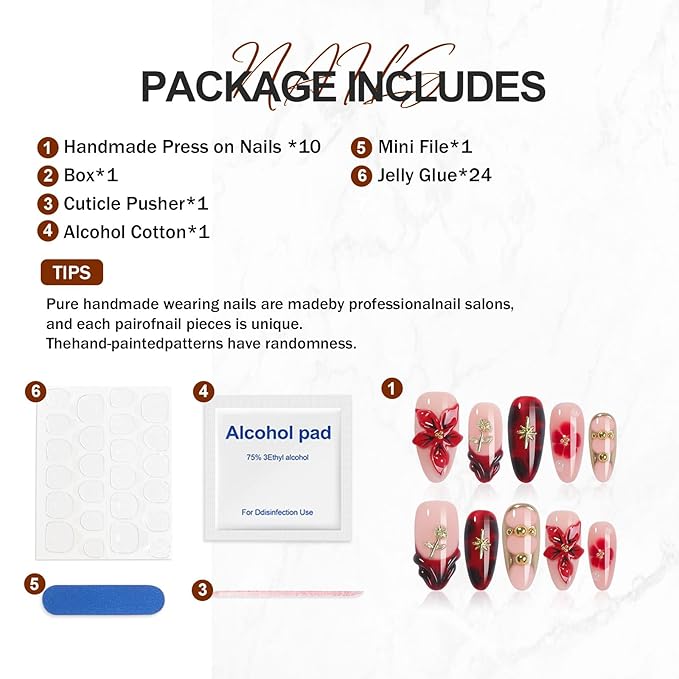 Luxury Red 3D Flower Press on Nails with Gold Roses - Almond False Nails Handmade Design for Women Wedding Party Evening Events