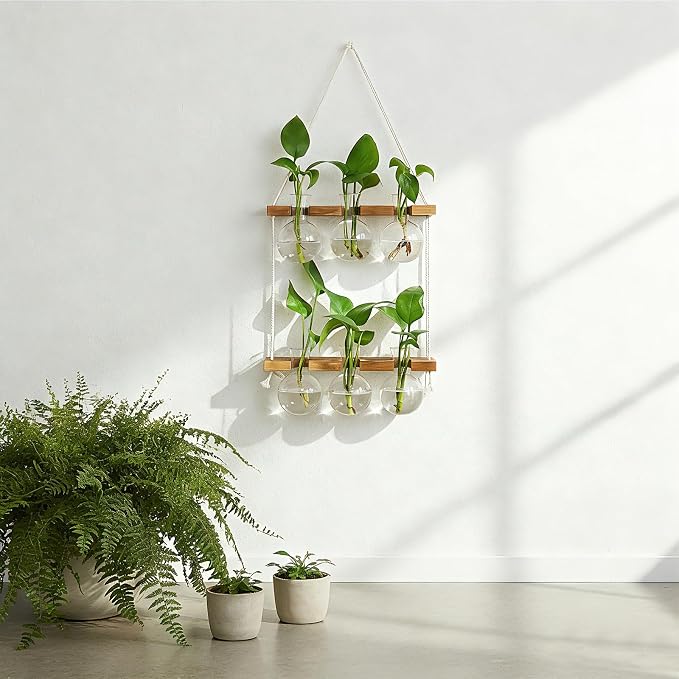 Plant Propagation Station Wall Hanging with 2 Tiered Wooden Stand | Plant Terrarium for Hydroponics Plants, Unique Gardening Gifts for Women Mom Plants Lovers - 6 Bulb Glass Vases