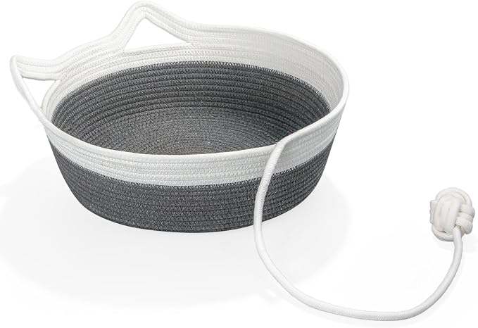 Cotton Rope Woven Cat Bed Basket, Cat Beds for Indoor Cats | Hand woven pet bed with toy tail, fits indoor cats, small puppies & rabbits, soft woven sofa sleeping basket for small pets