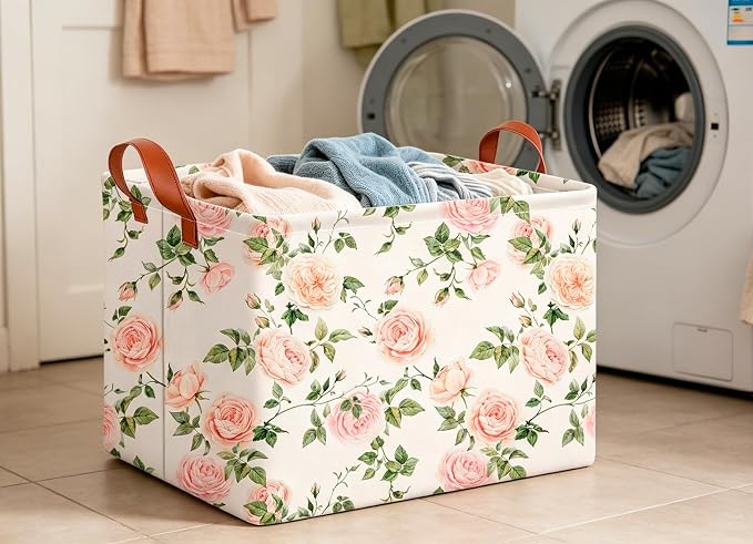 CLOCOR Rectangular Storage Basket Empty,Gift Basket,Waterproof Storage Bin with Handles,Room Decor(Watercolor Rose)