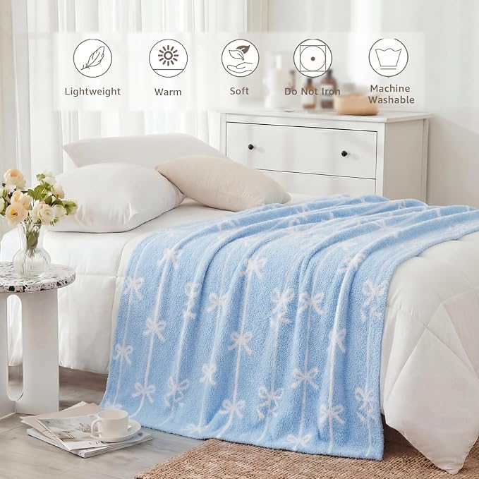 Soft Throw Blanket for Couch-Cozy Reversible Knitted Blankets | Lightweight Warm Fluffy Decor for Women, Mom, Her & Girls, Sofa, Chair, Bed, 50x60in, Blue Bow