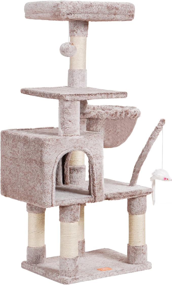 Heybly Cat Tree with Toy, 43.3 inch Cat Tower for Indoor Cats HCT004SMU | Cat Condo with Durable Sisal Scratching Posts, Cat House with Padded Plush Perch, Cozy Hammock, Rosy Brown