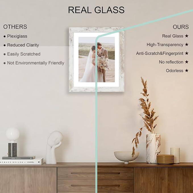 Hongkee 10x12 Picture Frame Set of 4, Made of Real Glass and Distressed White Frame - Display Picture 8x10 with Mat or 10x12 Without Mat, 10 by 12 Photo for Wall Mounting