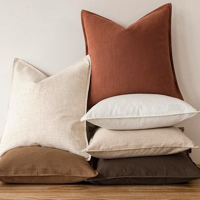 Foindtower Pack of 2, Decorative Linen Solid Throw Pillow Covers Soft Accent Cushion Case Farmhouse Neutral Pillowcase for Chair Couch Sofa Bedroom Living Room Home Decor 18 x 18 Inch Fall Rust Orange