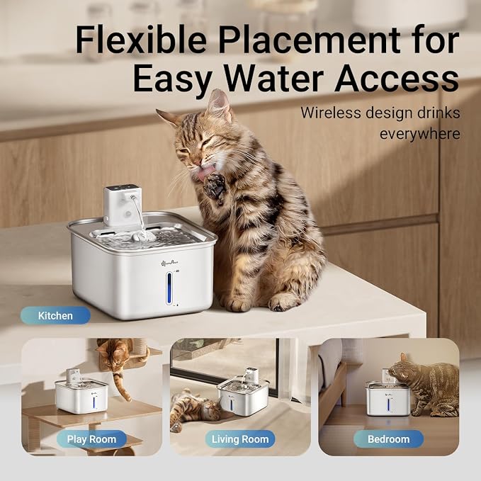DownyPaws Cat Water Fountain Stainless Steel Wireless Automatic, White | Cordless Battery Operated Pet Water Fountain, 101 Oz/3L Water Fountain for Cats Drinking with Motion Sensor