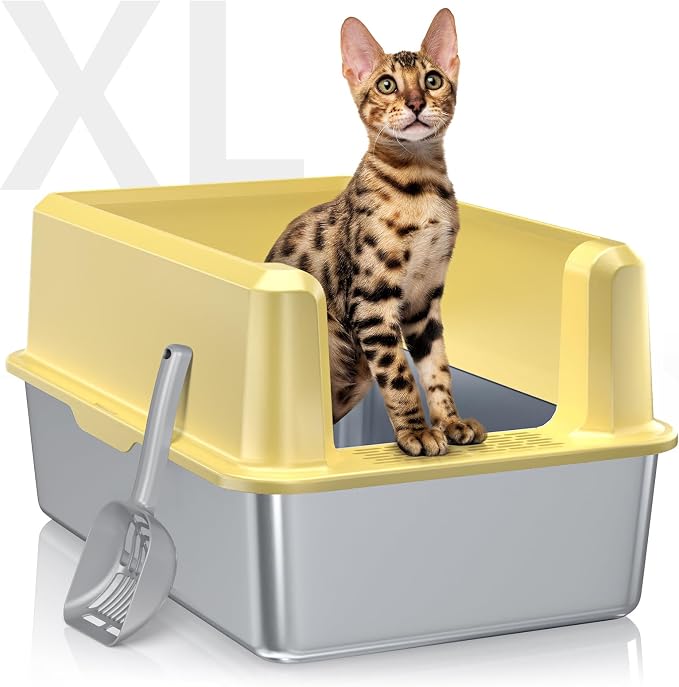 Stainless Steel Cat Litter Box, XL High Sided Open Top Litter Pan, 1 Scoop | Extra Large Litter Box for Big Cats, High Sides, Anti-Urine Leakage, Non-Stick, Odor-Free, Easy Clean, Reduce Litter Tracking