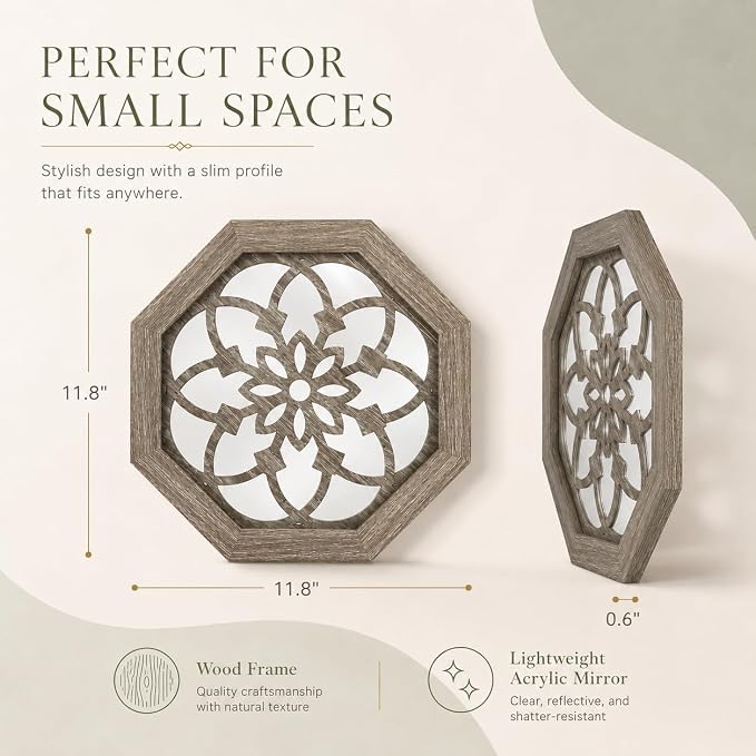 4 Pack 12 Inch Octagon Brown Rustic Wood Frame Acrylic Wall Mirrors, Farmhouse Boho Wall Art Decor for Living Room, Bedroom, Hallway, Entryway, Bathroom & Office