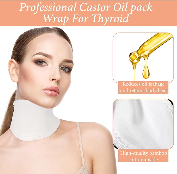 ElevateTech Castor Oil Pack for Thyroid Neck, 3 Pcs Reusable Organic Castor Oil Neck Wrap Compress Packs Comfort Flannel for Women Men Necks Care, Anti Oils Leak, Oils Not Included, White, Khaki, Pink