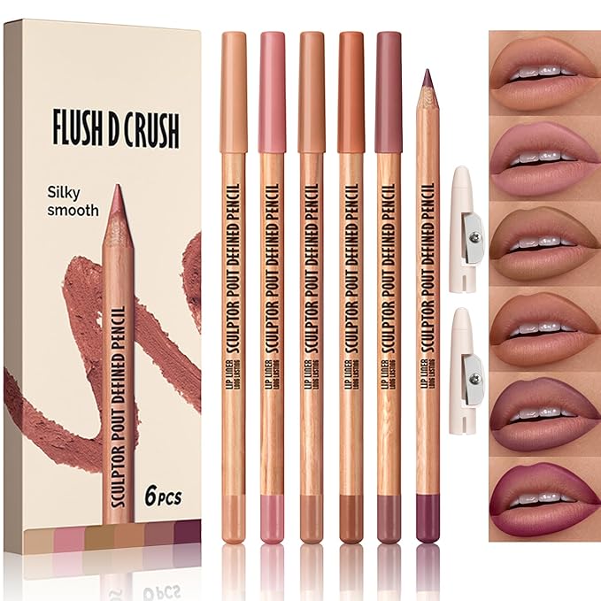 Erinde Nude Matte Lip Liner Set, 6 Colors Lipliner Pencil Pack with Sharpener for Define & Sculpt Lip, Long-Lasting Waterproof Non-Smudge Brown Lipliner Delineador De Labios, 03 Coral Peach Plum