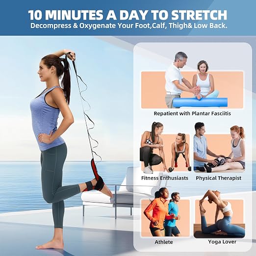 comness Foot and Calf Stretcher-Stretching Strap For Plantar Fasciitis, Heel Spurs, Foot Drop, Achilles Tendonitis & Hamstring. Yoga Foot & Leg Stretch Strap. (Red)