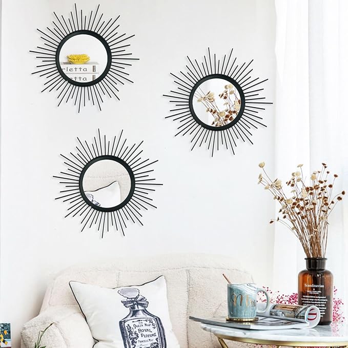 3 Pack Metal Mirrors for Wall Sunburst Wall Mirrors Home Décor Decorative Hanging Wall Art for Living Room Bedroom Entryway (Black, Sunburst)