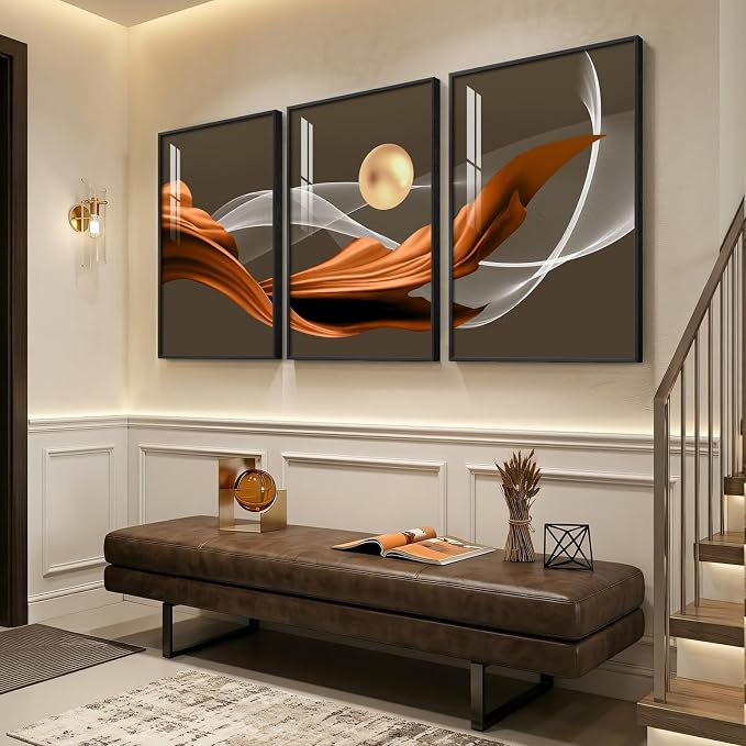 3 Piece Large Framed Modern Wall Art for Living Room, Abstract Brown Luxury Artwork for Walls, Contemporary Minimalist Line Pictures Prints Paintings for Dining Room Office Wall Decor 24x36 Inch