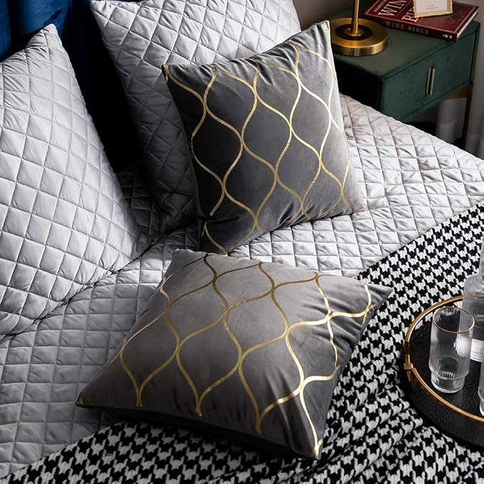 Gold Velvet Throw Pillow Covers: 2 Pack 16x16 Inch Square Decorative Pillow Cases for Bedroom Sofa Couch Living Room, Light Grey
